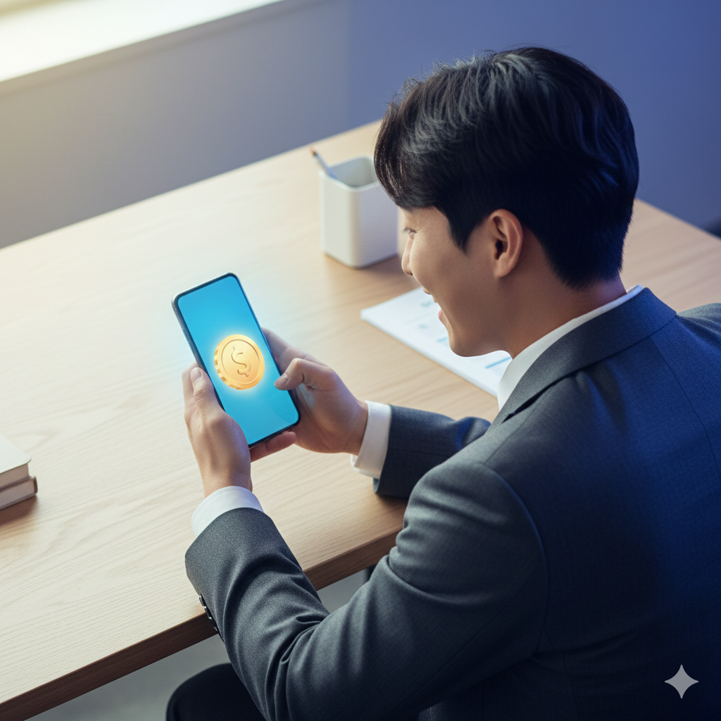 2026 월세 세액공제 환급을 확인하고 기뻐하는 남성 직장인과 스마트폰 화면 속 황금 동전 아이콘 (집주인 동의 없이 경정청구 성공 의미)