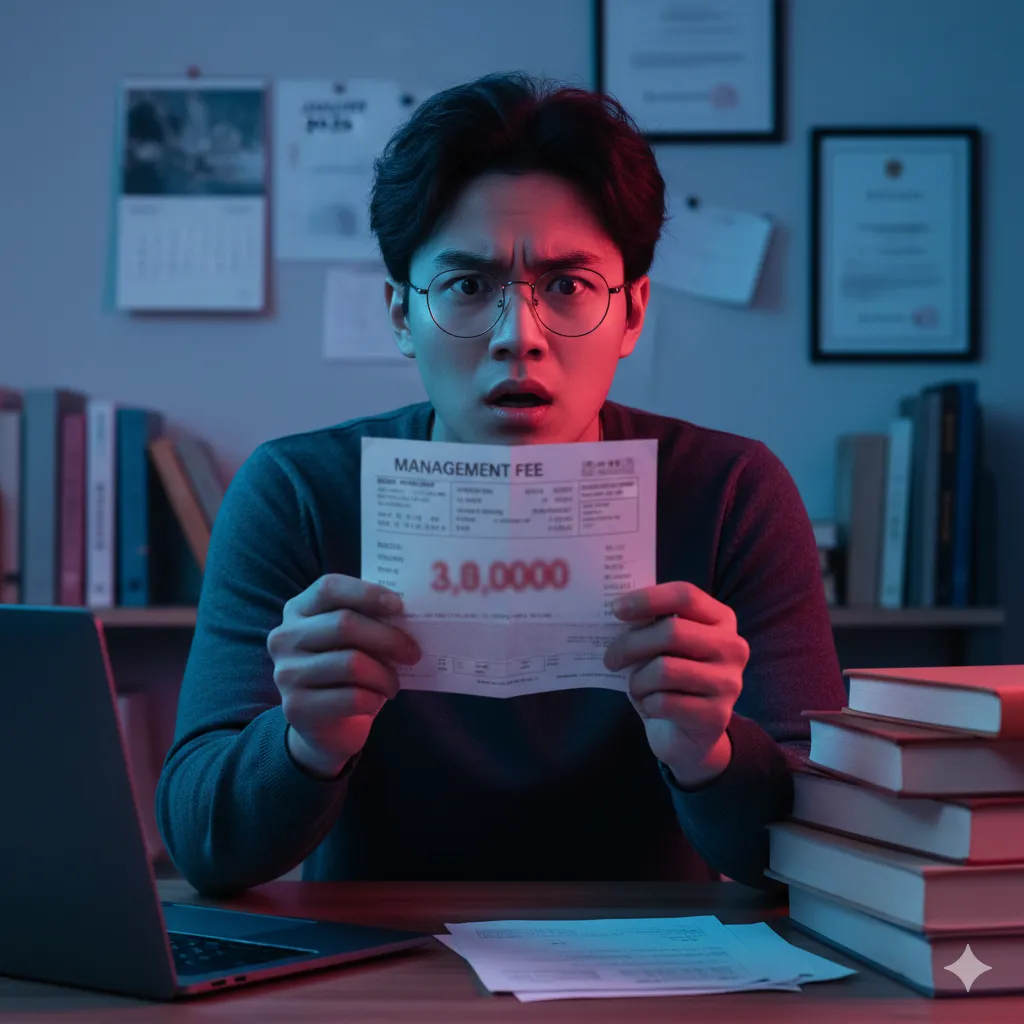 2026 원룸 관리비 고지서를 들고 당황한 표정을 짓는 남성 대학생과 과도한 관리비 꼼수를 상징하는 붉은 조명 연출