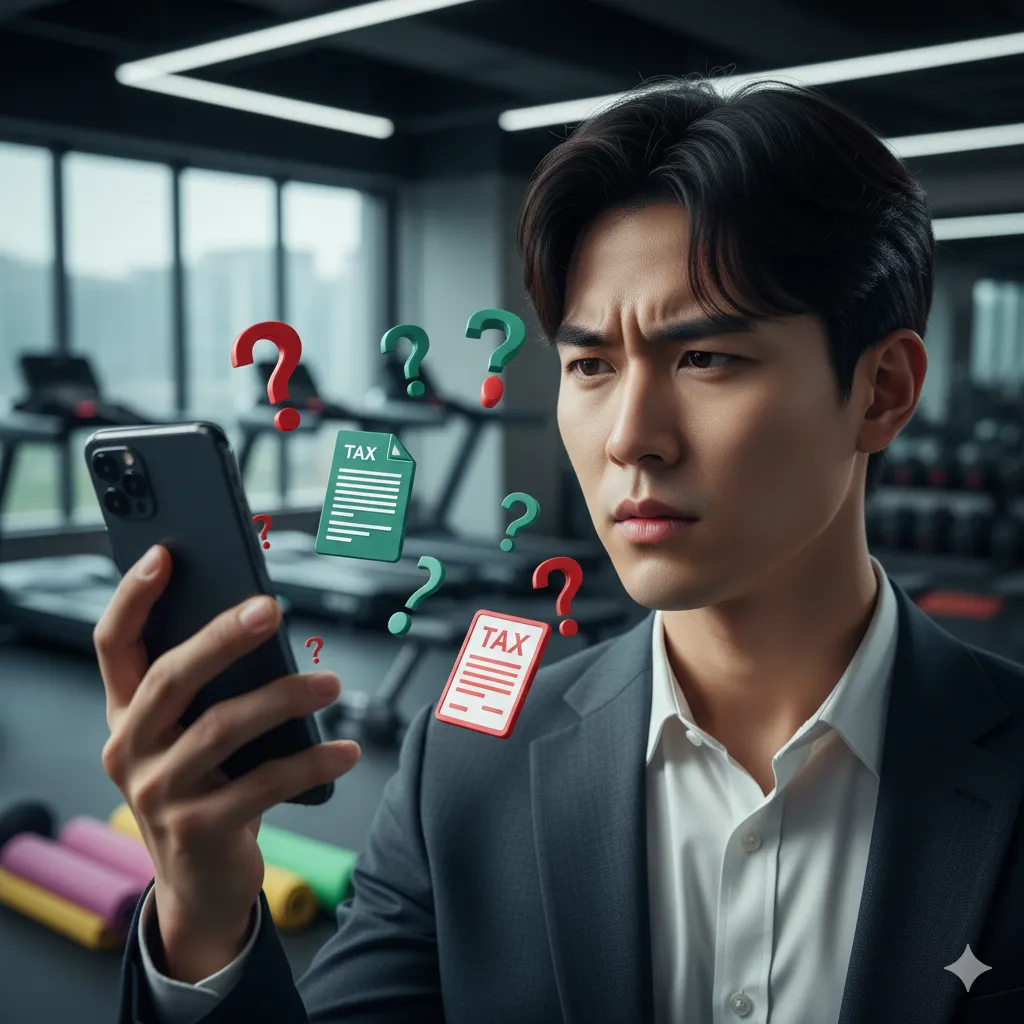 2026 의료비 세액공제 신청 전 스마트폰을 보며 고민하는 직장인과 공중에 떠 있는 세금 서류 및 물음표 그래픽 (실비 보험금 이중공제 주의 안내)