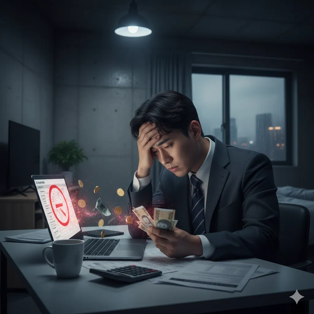 어두운 원룸에서 노트북으로 연말정산 서류를 확인하며 손실된 세금 환급액에 절망하고 있는 직장인 남성과 책상 위에 놓인 계산기