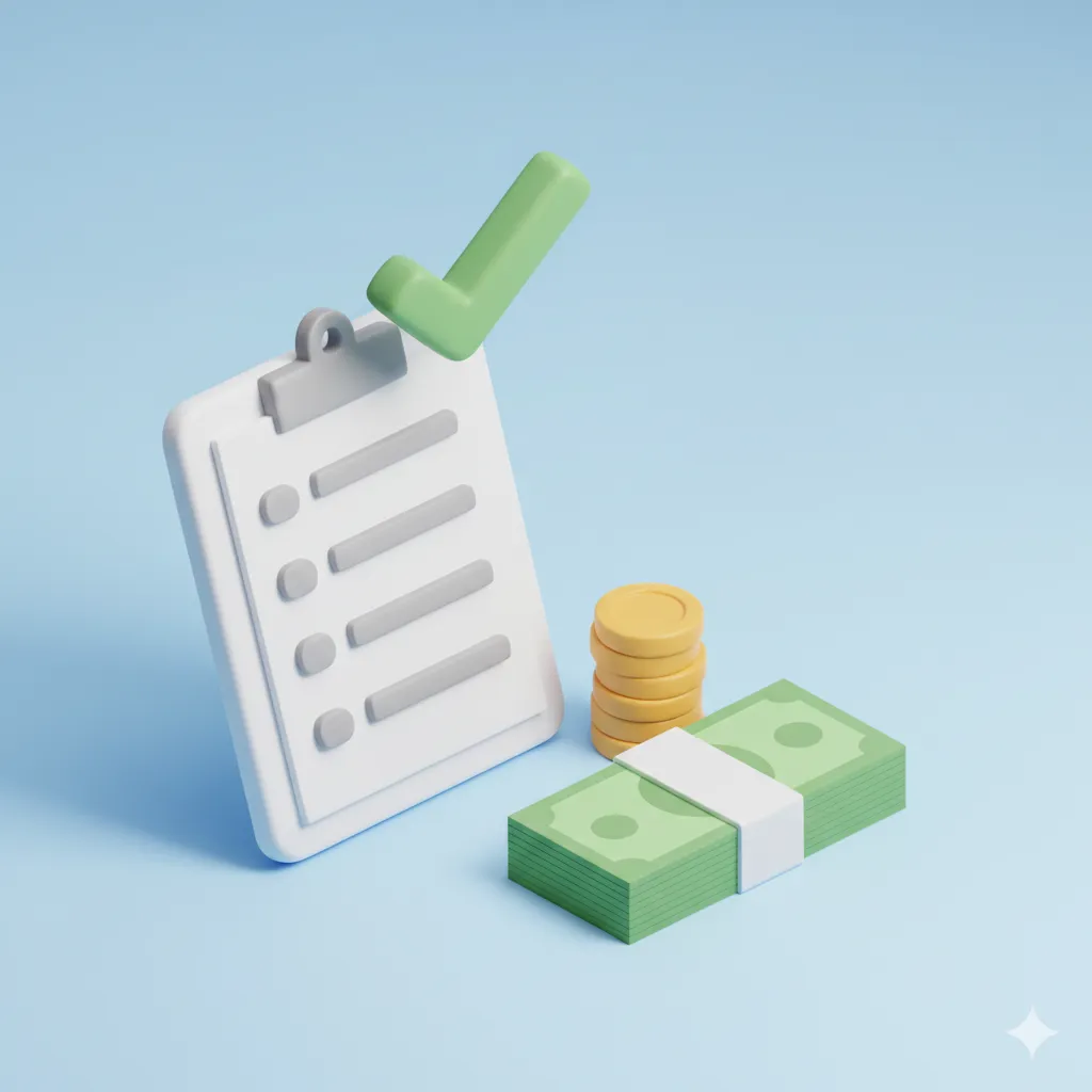 2026 기초연금 수급자격 확인을 위한 체크리스트와 한국 원화 지폐 뭉치가 놓여 있는 파스텔 블루 배경의 3D 아이소메트릭 일러스트