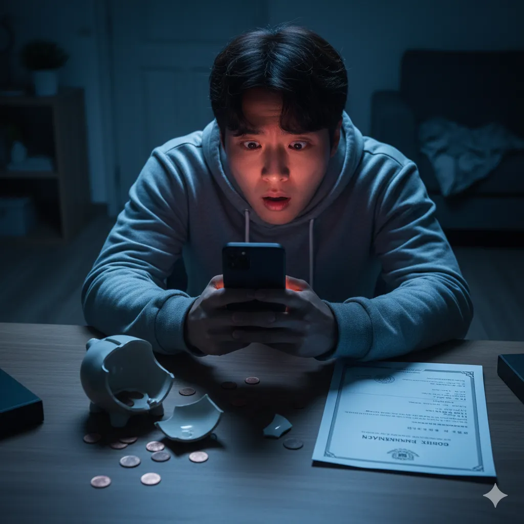 2026 청년월세지원 관리비 삭감 사실을 스마트폰으로 확인하고 충격받은 청년과 책상 위의 깨진 돼지 저금통