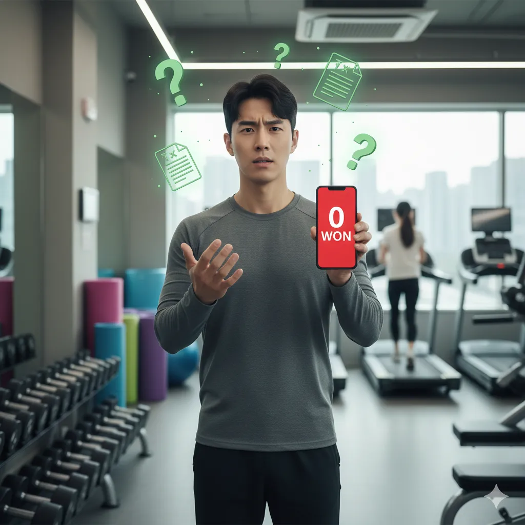 헬스장에서 스마트폰의 '0원' 결제 내역을 보고 당황한 남성과 연말정산 서류 그래픽 (2026 체육비 소득공제 누락 및 홈택스 조회 오류 해결)