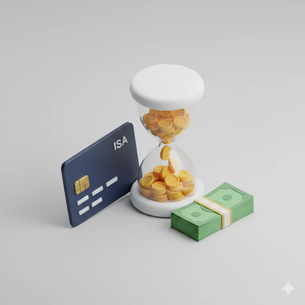 2026 ISA 중개형 계좌의 비과세 혜택과 자산 증식을 시각화한 3D 그래픽. 모래시계 속의 금화와 지폐 뭉치, ISA 카드가 어우러진 금융 재테크 썸네일 이미지.
