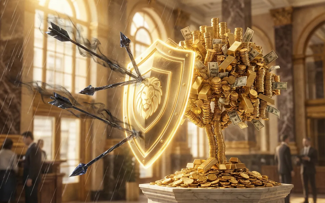 2026년 창업 중소기업 세액감면 제도를 통해 소득세 100% 면제 혜택을 받아 자산을 보호하는 것을 상징하는 황금 방패와 돈나무 이미지